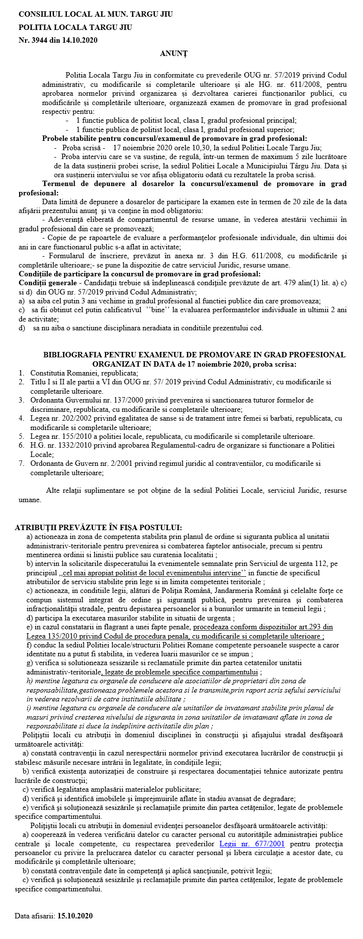 Anunt examen promovare in grad